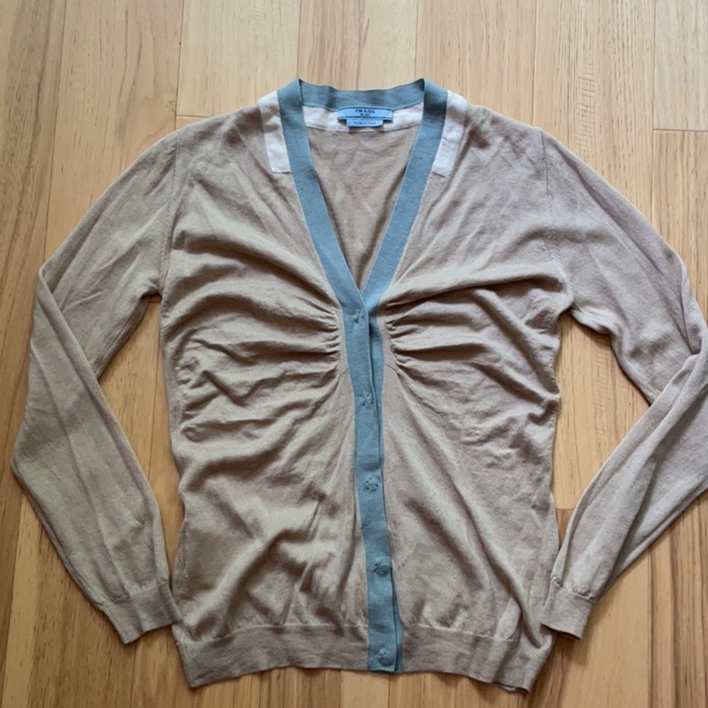 Prada Tan and Blue Cardigan Sweater